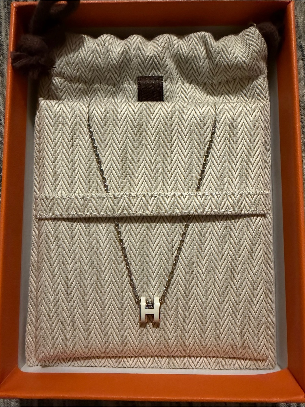 Hermes White H Pendant Necklace with Gold Chain